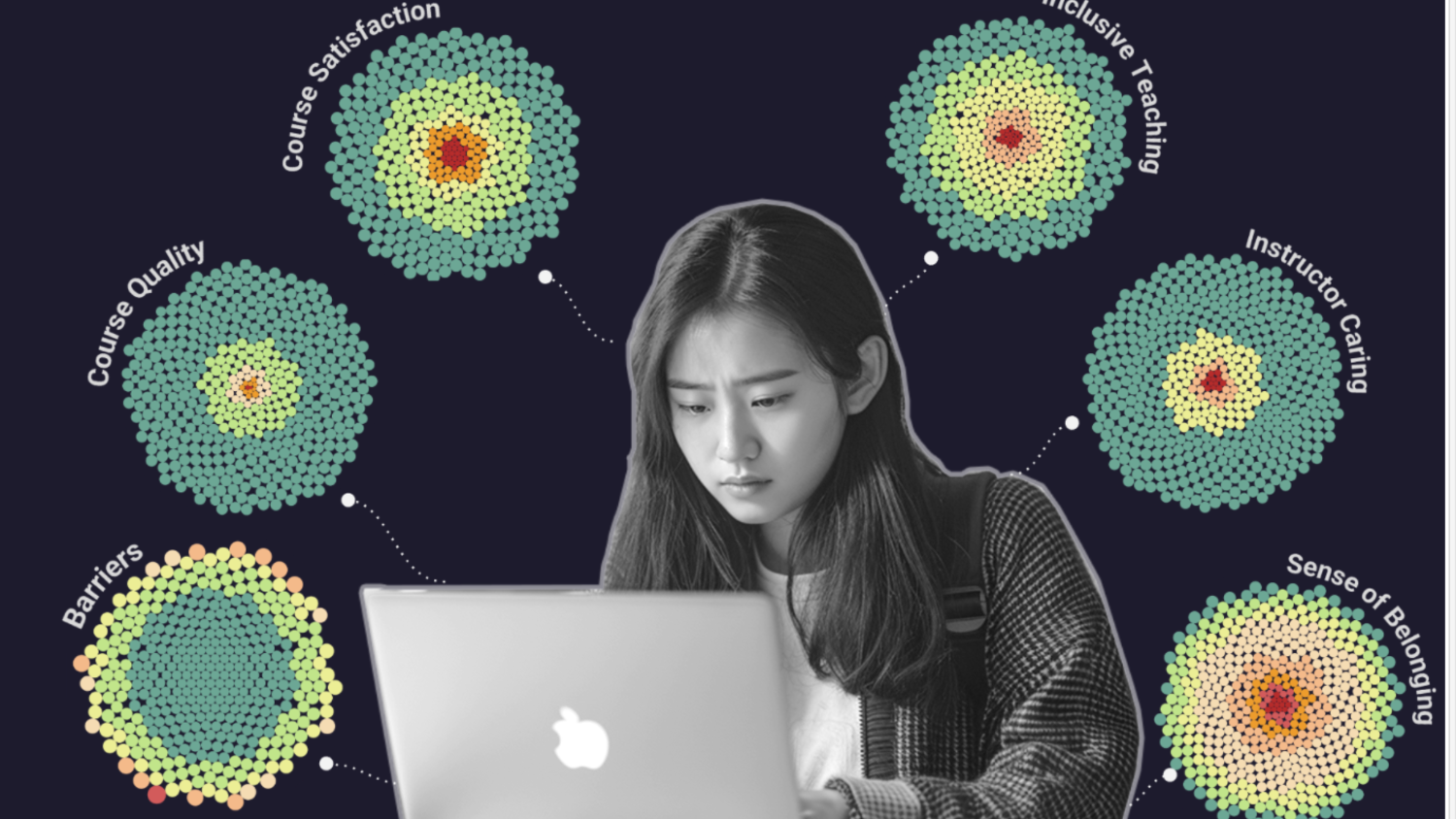 A stylized graphic of a female college student looking at her laptop with data visualizations surrounding her